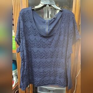 Verve Ami 3X Dark Blue Lace Overlay Short Sleeve Top